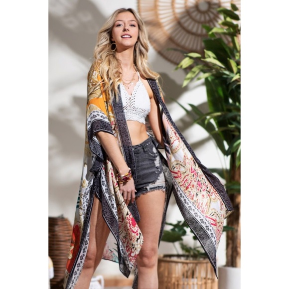 SOLD OUT Tahiti Tropical Floral Vacation Open Kimono Wrap Coverup Top - Picture 5 of 5